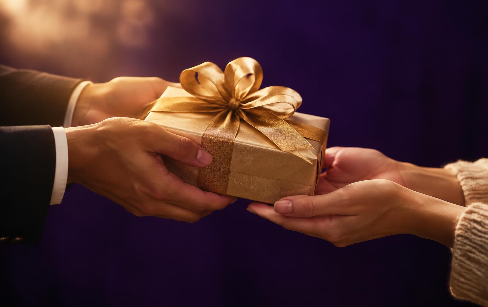 Hands giving a gold-ribbon gift box to another person's hands